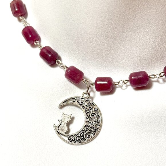 Genuine Magenta Chalcedony Short Necklace, Gemstone & Cat on the Moon Charm - Picture 1 of 14